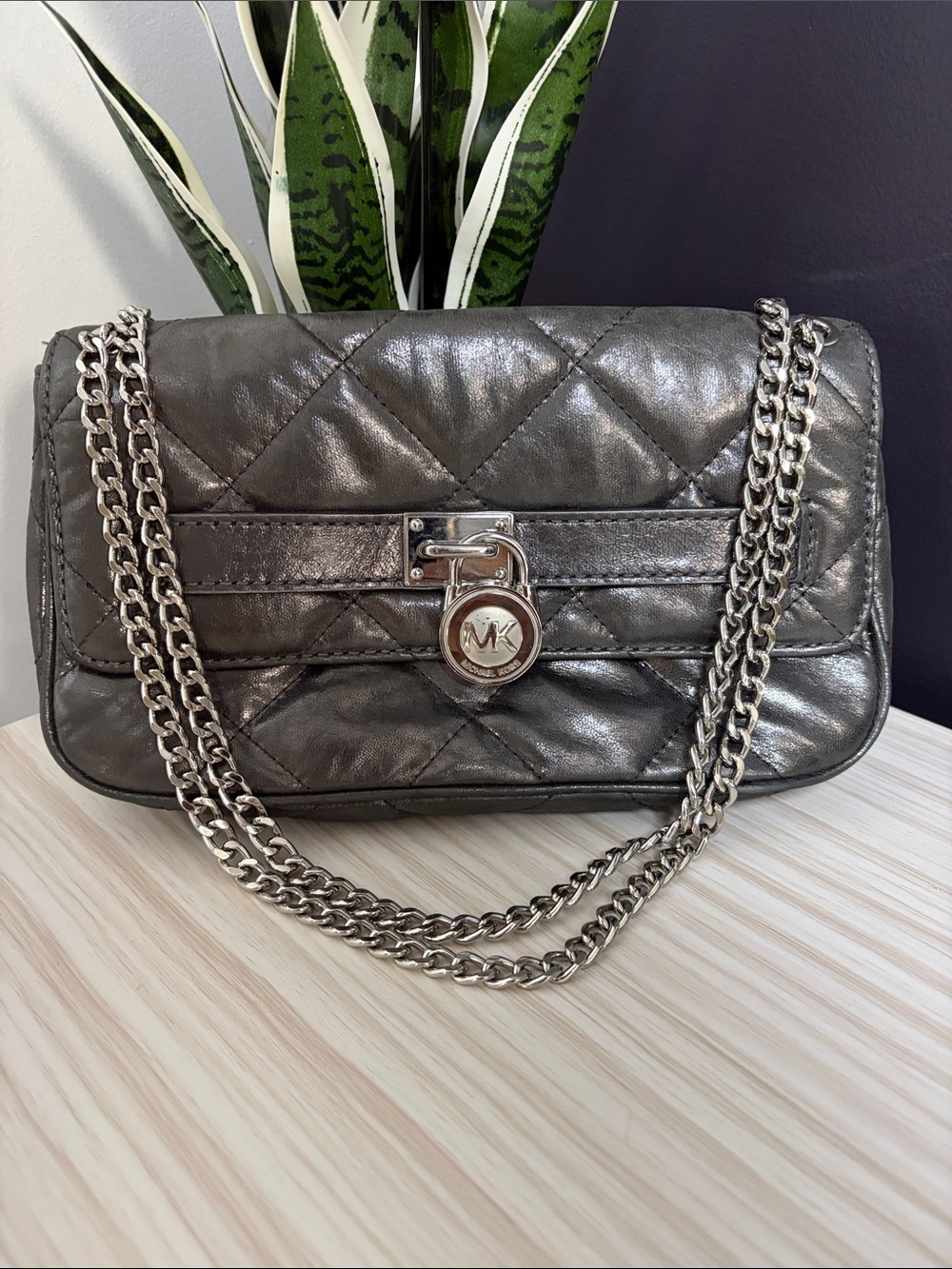 Michael Kors Quilted Metallic Charcoal Shoulder Bag with Chain!! EUC